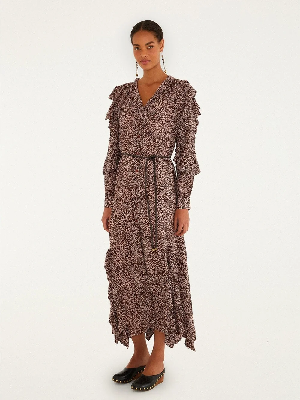 FARM RIO /Baby Leopard Long Ruffle Sleeve Maxi Shirt Dress - Sz. L - Picture 1 of 16